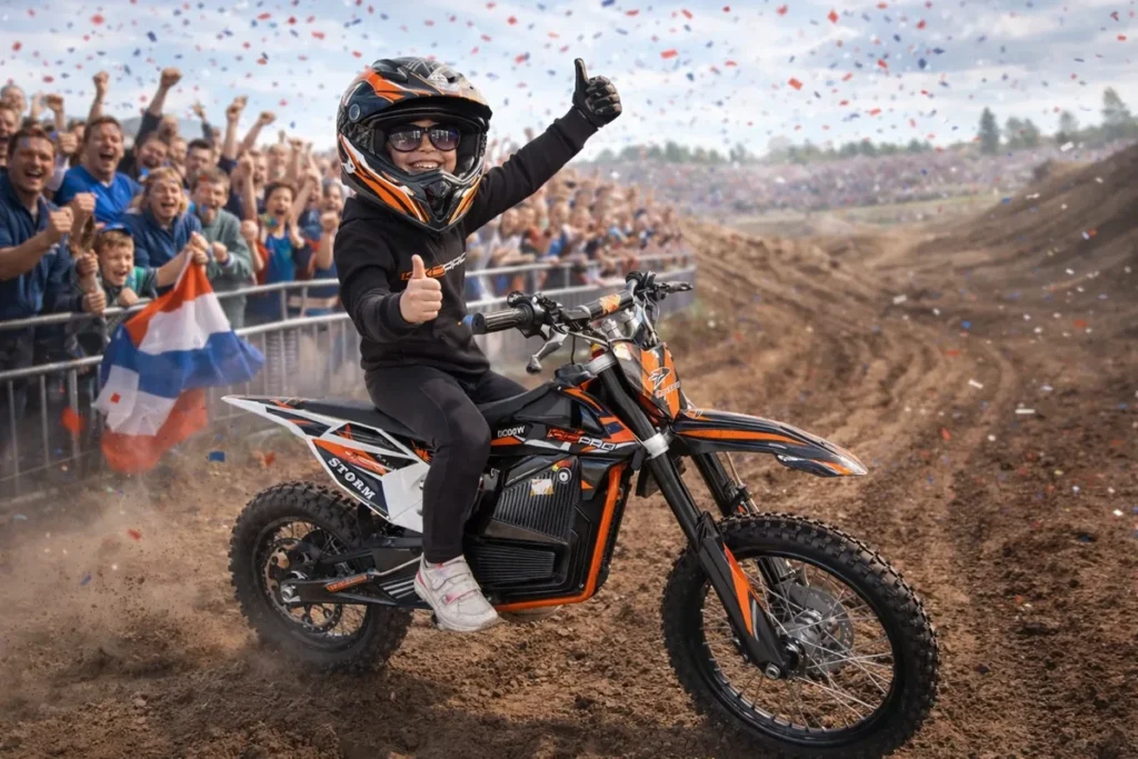 Kind in oranje helm op een elektrische dirtbike, juichend voor het publiek