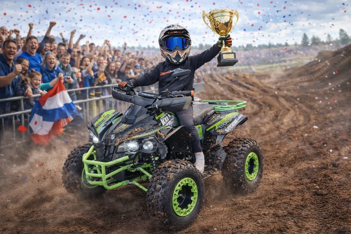 Kind met beker op een groene quad op een racebaan